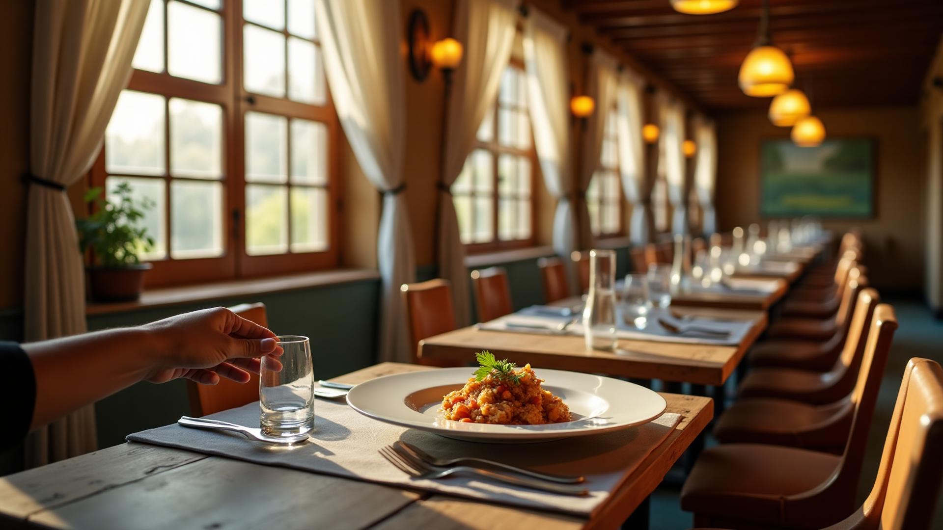 Interior de restaurante mediterráneo con plato gourmet